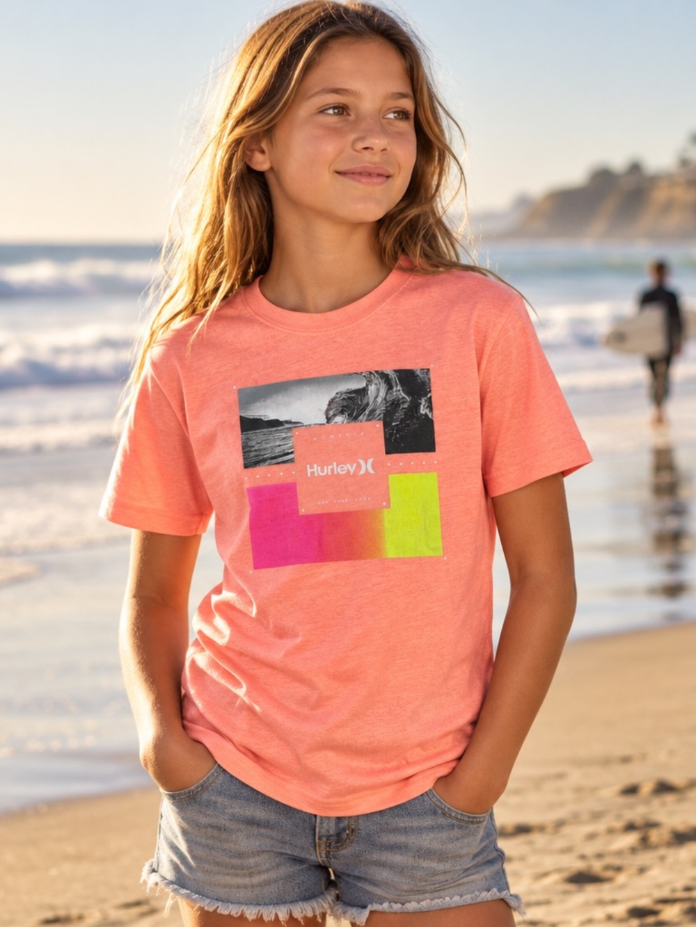 Hurley Girls Coral Graphic Print Surfing Crew Neck T Shirt Medium Age 10-12